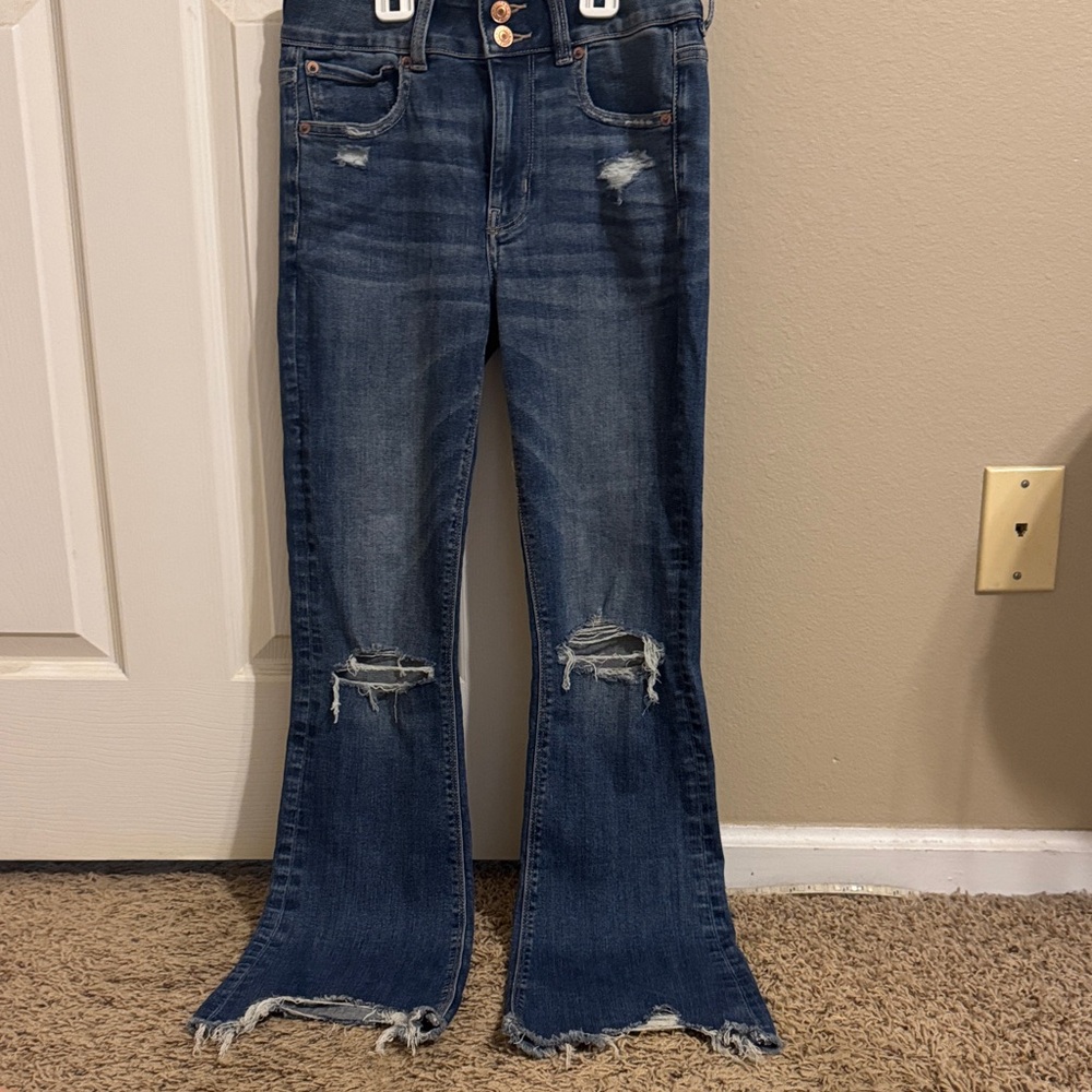 American Eagle Outfitters Dark Blue Distressed Flare Jeans